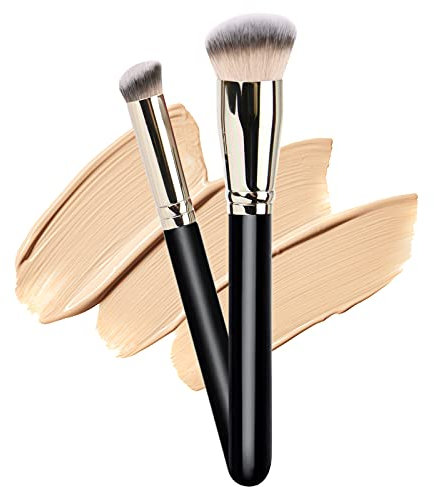 Pinceau de maquillage avec 1 pinceau rond incliné pour fond de teint et 1 mini pinceau biseauté anti-cernes à tête plate Kabuki pour estomper liquide, polir, crème, sculpter, maquillage minéral