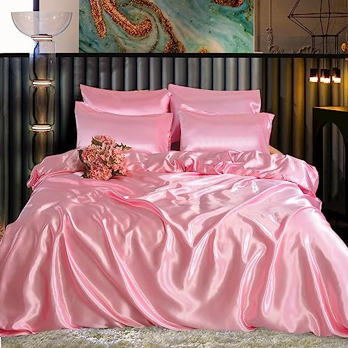 ROOEE Set completo di biancheria da letto in raso di seta, 6 pezzi, lenzuolo con angoli, copripiumino, 4 federe. Colore: rosa confetto, misura matrimoniale