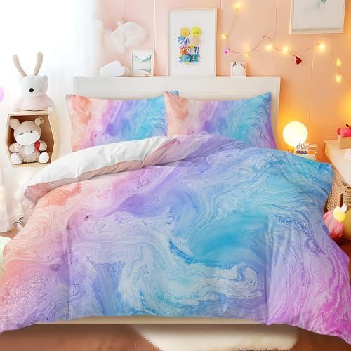 BlessLiving King Bed Sets for Girls Pastel Duvet Cover Set 3-Piece Ombre Bedding Cute Marble Pattern for Kids Teens, Pastel Pink Blue and Purple, 1 Duvet Cover & 2 Pillowcase (King)