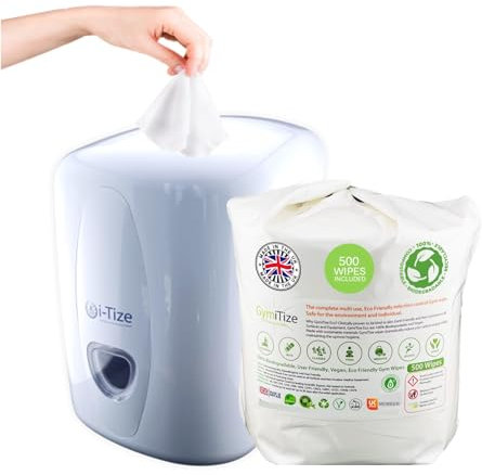 GymiTize Biodegradable Antibacterial Wipes Dispenser, Plus Our Alcohol Free, Antiviral Wipes, Surface Cleaner Made in the UK (1 x White Dispenser + 1 x 500 Wipe Refill Roll).