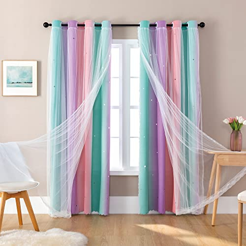XiDi Verdunkelungsvorhänge für 213,4 cm lang, Mädchenzimmer-Dekoration, Fenster-Ombre-Vorhänge, 2 Paneel-Sets, Kinderzimmer, Einhorn-Prinzessinnen-Thema, Heimdekoration, buntes Regenbogen-Design,