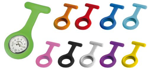 Tiga-Med Schwesternuhr 10er Set (1x Quarzuhr + 10 Silikonhüllen) (hygienisch) + 10x Anstecknadel Kitteluhr Set Krankenschwesteruhr