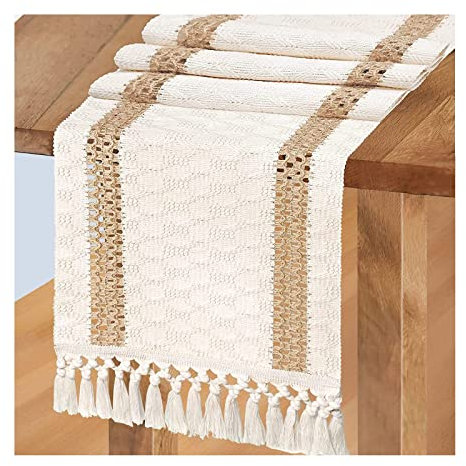 Tischläufer Deko Boho, Baumwolle Leinen Tischläufer Beige Braun Hochzeit Tischdeko Tischband für Geburtstage Kommunion Esszimmer Party Urlaub Dekoration Abwaschbar, 30x200CM