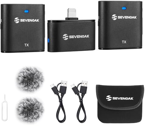 SevenOak Microfono lavalier senza fili, cancellazione del rumore/mute Lapel Wireless Mic Stereo/Mono per iPhone iPad Intervista Vlog Live Stream SKM-S2 D (2 Trasmettitore +1Ricevitore)