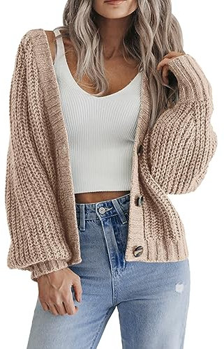 Hotouch Cardigan Donna Unicolor Manica Lunga con Bottoni Scollo a V Giacca Corta Primavera Autunno Khaki S
