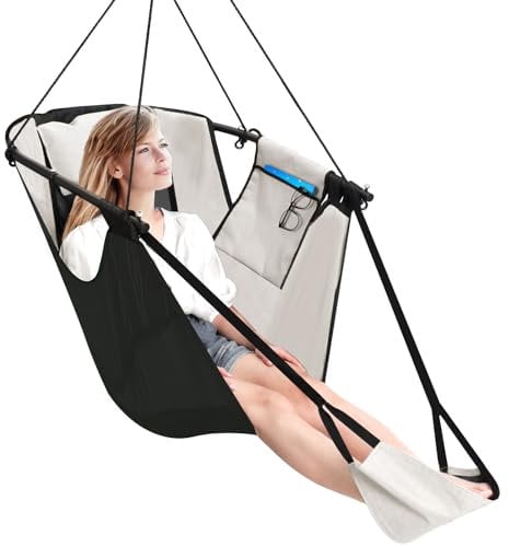 Chihee Columpio con Reposapiés,Silla Hamaca con Estructura Metálica en Forma de U,Tejido Oxford Duradero Teslin Silla Columpio con Bolsillo Lateral Almohada Mosquetón Soporte Fuerte y Transpirable