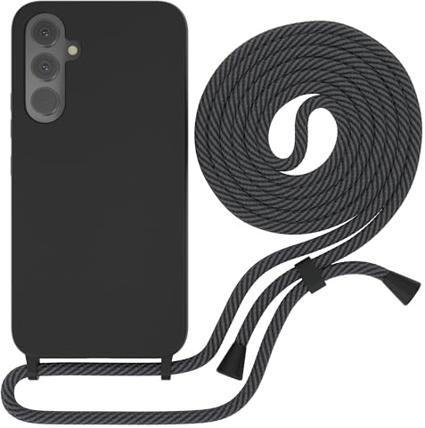 EAZY CASE - Premium Silikon Handykette - kompatibel mit Samsung Galaxy A54 Handyhülle Silikon mit Kette und Kameraschutz, weich TPU Hülle in Schwarz mit Kordel Anthrazit Clips Black