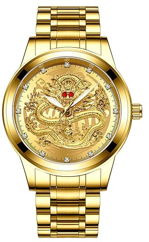 JewelryWe Uhren Herren Edelstahl Drache: 30m Wasserdicht Analog Quarz Armbanduhr Männer Gold Edelstahl Armband Uhr mit Rubinrot Chinesischen Drachen Zifferblatt und Leuchtzeiger