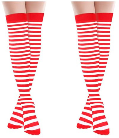 Ouligay 2 Paar Damen Gestreifte Kniestrümpfe Overknee Strümpfe Dünn Gestreift Rot Weiss Ringelsocken Streifen Ringel Strümpfe Baumwolle Oberschenkel Socken Christmas Striped Thigh High Socks