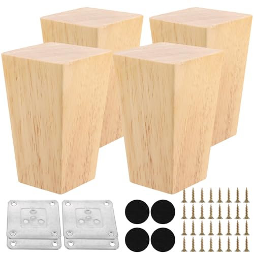 APACALI 4 Pièces Pieds De Meuble en Bois, 8cm Pieds De Meuble Carrés Bois, Pied De Meuble de Remplacement avec Plaques De Montage Et Patins en Feutre Pied Meubles pour Canapé