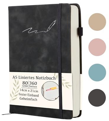 Soul Projekt Schwarzes Notizbuch A5 Liniert, 360 Seiten Hardcover Notebook, Buchjournal, Ideenbuch, Bulletjournal, Uni-Zubehör, elastischer Verschluss Und Stiftehalter