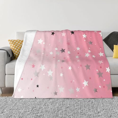 Flanelldecke mit rosa und weißen Sternen, ultraweich, bequem, Überwurfdecke für Zuhause, Schlafzimmer, Sofa, Büro