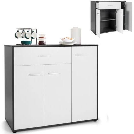 COSTWAY Kommode Küche, Buffetschrank mit Schublade, Küchenschrank mit verstellbarem Regal, Sideboard für Esszimmer, Wohnzimmer und Eingangsbereich, weiß/schwarz, 88 x 40 x 80 cm