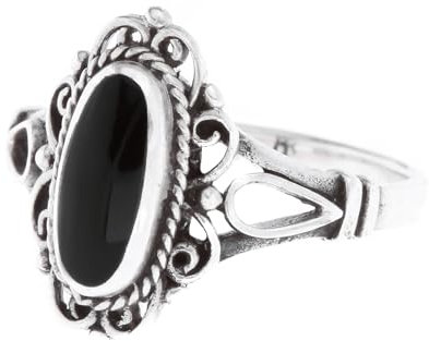 Windalf Gothic Damen Ring ALISA 14 mm Vintage Silberring mit schwarzem Onyx Indie Midi Ring Festival Silberschmuck 925 Sterlingsilber (Silber, 50 (16))