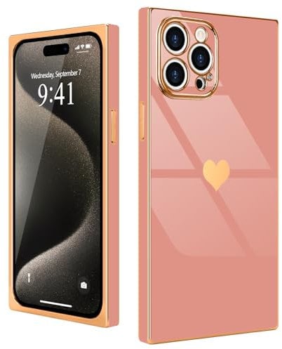 Urarssa for iPhone 15 Pro Case Cute Rectangle Heart Pattern Luxury Gold Plating Cases Women Girls Shockproof Bumper Silicone Protective Cover for iPhone 15 Pro-Pink