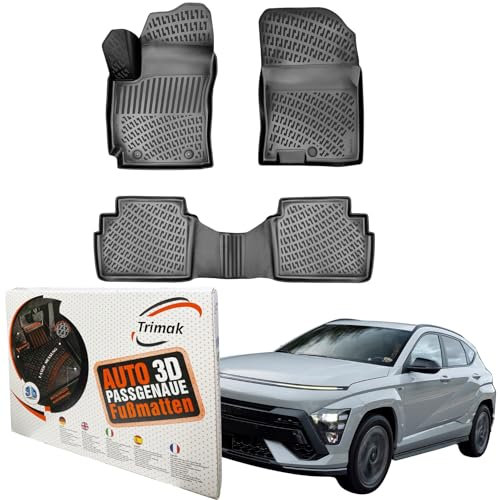 Trimak Passgenau 3D Fussmatten Auto Kompatibel mit Hyundai Kona 2. Gen Hybrid ab 2023 Auto Zubehör 1. und 2. Reihe Gummimatten Autos TPE Allwetter Geruchlos rutschfest Vorne & Hinten Schwarz
