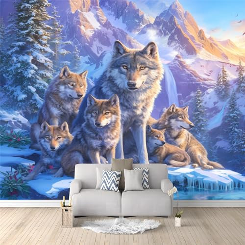 Papier Peint Panoramique Loup animal de montagne enneigé, 400 x 280 cm Papier Peint Intissé Personnalisé Photo Murale pour Salon Chambre d'enfants restaurant Appartement Décoration Murale