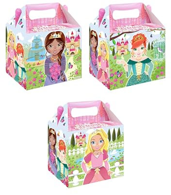 HENBRANDT 12 Princess Party Boxes for Kids - 3 Assorted Designs, 14 * 9.5 * 12cm - Birthday Takeaway Lunch Box, Gift Box, Favours for Goodies and Treats - Empty Cardboard Picnic Boxes for Food