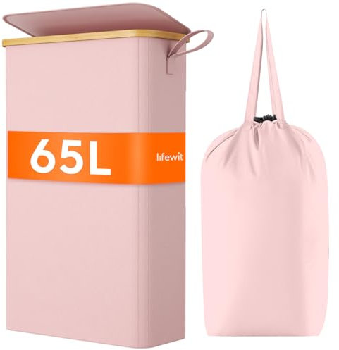 Lifewit 65L Slim Laundry Basket with Lid, Foldable Laundry Hamper Drity Clothes Washing Basket Toys Towels Storage with Bamboo Handle, Removable Inner Bag for Bedroom Bathroom, Pink
