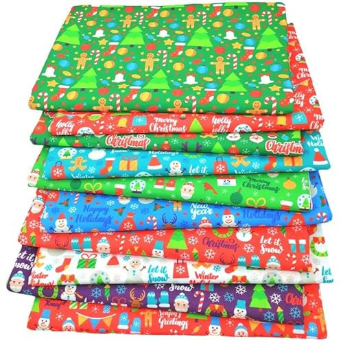 Quadratische Baumwoll- und Polyester-Quiltstoffbündel, 70 Stück, 25,4 x 25,4 cm, Muster, Patchwork-Stoffe für Quilten, Nähprojekte, Patchwork, DIY Handwerk (Weihnachtstag)