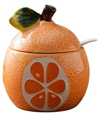 WchsTUmpxN Sugar Bowl,Spice Containers, Fruchtförmige Keramik-Zuckerdose, Salztopf, Pfefferstreuer, Gewürztopf, Behälter, Gewürzbox-Halter mit Deckel und Löffel, Orange Pomelo