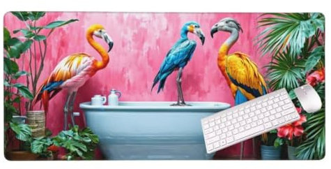 Gaming Tapis de Souris Animaux Flamants Roses Tapis Souris XXL 90 x 30 cm, Grand Tapis de Bureau sous Main avec Base en Caoutchouc Antidérapante, Tapis de Souris Gaming, Decoration Maison S-3074