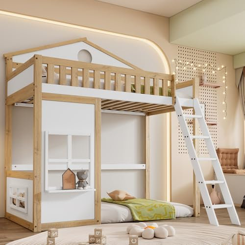 Kebnor Litera de 90 x 200 cm, cama de casa, con escalera, con protección contra caídas y rejilla, cuna con techo y ventana, base de cama libre, marco de pino+MDF, color blanco y natural