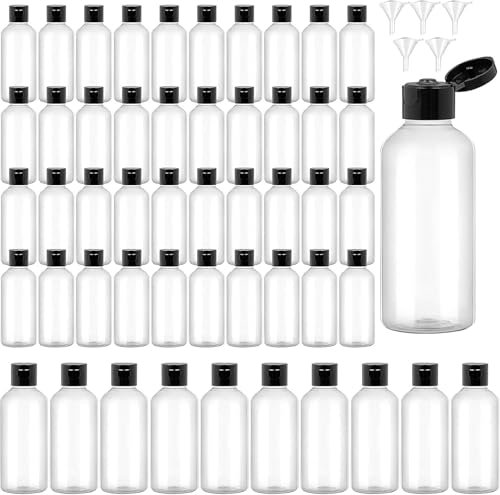 100 Pack Travel Size Bottles With Flip Caps - 60 ml Clear Empty Plastic Container for Shampoo, Lotion, Conditioner - Refillable Toiletry Set With 5 Funnels
