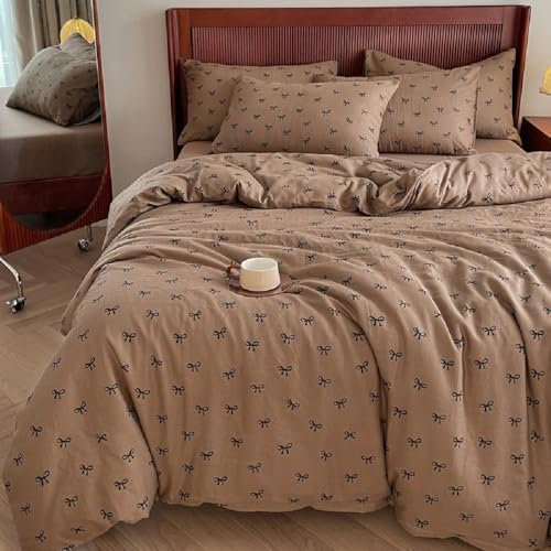 Lanqinglv Bettwäsche 135x200 cm Mädchen mit Schleifen Schokolade Braun Bettwäsche aus Microfaser,ÖKO-TEX Bettwäsche Set - Bettbezug mit Reißverschluss und 1 Kissenbezug 80x80 cm
