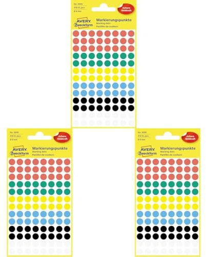 AVERY Zweckform 3090 selbstklebende Markierungspunkte 416 Stück (Ø8mm, Klebepunkte auf 4 Bogen, Punktaufkleber zur Farbcodierung, runde Aufkleber für Kalender, Planer und zum Basteln, Papier) bunt