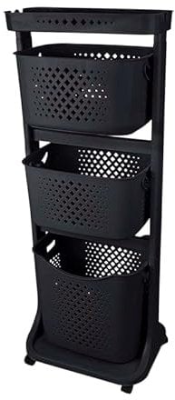 Wäschekorb 3 Fächer Wäschekorbwagen mehrstöckig Kunststoff Wäschekorb mit Rollen Laundry Basket Kunststoffkorb für Wäsche Wäschebox Wäschesammler Aufbewahrung (Schwarz)