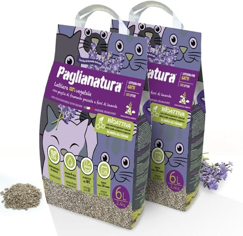 Paglianatura 2-teiliges Set — Bioaktives Lavendel-Katzenstreu, 100% natürlich und kompostierbar, super saugfähig und geruchshemmend, 2,4 kg/6 Liter