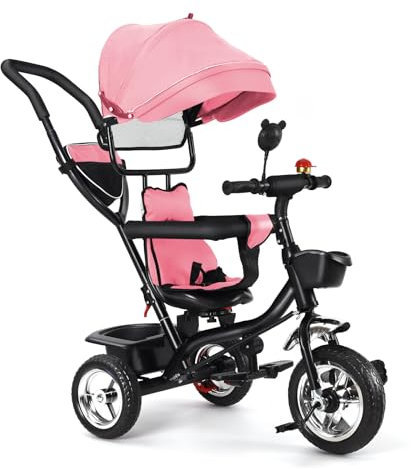 OHMG Tricycle bébé évolutif 5 en 1 vélo Poussette bébé avec poignée de poussée, auvent Amovible, Ceinture de sécurité à 5 Points, Rangement, Repose-Pieds, Frein, pour Enfants de 1 à 5 Ans
