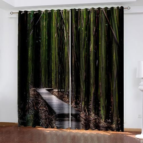AMDXD Blickdichte Vorhänge mit Ösen Gardinen Grün Braun, Bambus Dschungel Pfad weiche Schiebevorhänge, Ösenvorhang für Schlafzimmer Wohnzimmer 2er Set 132x160cm