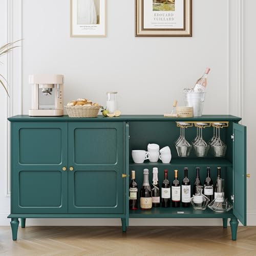 HOLTICO Sideboard with 4 Doors, Drinks Cabinet with Wine Glass Racks, Mid-Century Wooden Accent Cabinet, Modern Green Sideboards for Living Room, Dining Room, Kitchen, Hallway