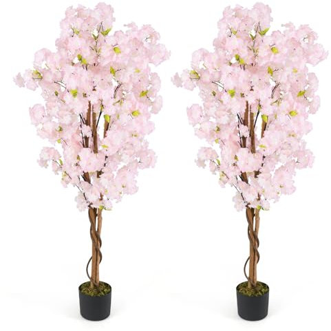 RELAX4LIFE 2er Set Künstliche Kirschbäume, 150 cm Künstliche Blumenpflanze mit natürlichem Holzstamm, Kunstblumen Indoor Outdoor Pflanze Dekorationen für Zuhause, Büro, Hochzeit
