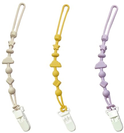 3 Pack Silicone Pacifier Clips - Luoqun88 Silicone Dummy Clip for Baby Boys and Girls, One Piece Design, Universal Fits Most Pacifiers & Teething Toys, Food-Grade Silicone (Beige, Purple, Yellow)