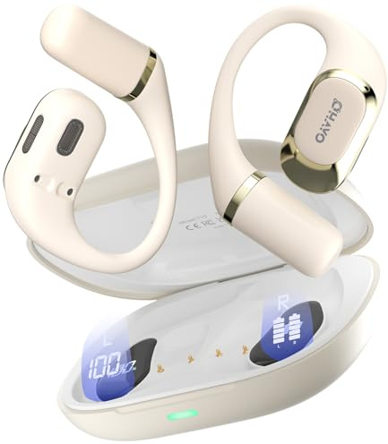OHAYO Open Ear Headphones T10 40H Playtime, Bluetooth 5.4 Wireless Earbuds, IPX6 Waterproof, 8g Ultra-Light, Digital Display, Secure Fit for Running/Gym/Cycling/Sport,White