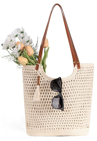 boshiho Strandtasche gehäkelt Damen: Boho-Chic Schultertasche Groß — Mode Frau Must-Have für Sommer Reise Stadt mit Reißverschluss (2025 4 Jahreszeiten)