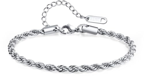 Bracciale da uomo in acciaio inox sottile – Bracciale da uomo colore argento catena a maglia barbazzale cubana, intrecciata, ro, catena per uomini e ragazzi, 18-21cm, Acciaio inossidabile, Nessuna