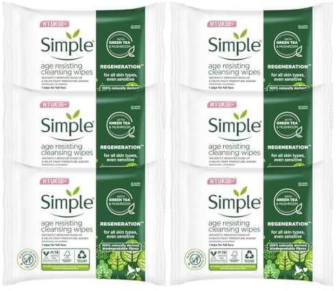 Simple Regeneration Age-Resisting Cleansing Wipes, Green Tea, Pack of 6