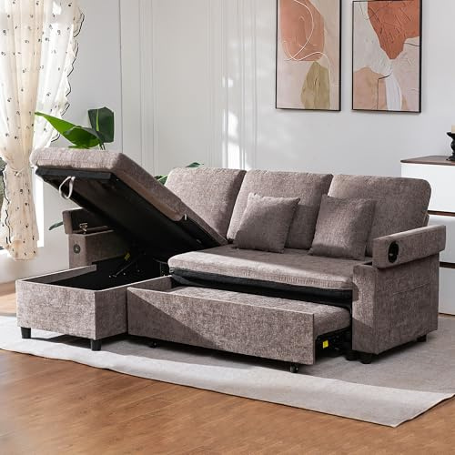 MAXYOYO Corner Sofa Bed with Storage, Pull Out Sectional Sofa Bed with Left/Right Convertible Launge, USB, Cup Holder, Linen Fabric for Living Room Apartment