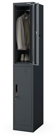Jan Nowak Spind Schließfachschrank Metall, 2 Fächer, 32 x 185 x 45 cm | Sozialschrank mit Kleiderstange, Lüftung, Etikettenhaltern, 4 Schlüsseln, Stahl 0,6 mm, Wandmontage, robust für Umkleideraum