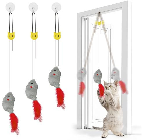 Adiwo 3 Packs Door Hanging Cat Toy, Bouncing Mouse Cat Toys with Squeaky Sound and Feather Tail, for Indoor Cats & Kittens, for Hunting & Exercising, Eliminating Boredom, (Gray)