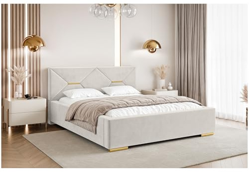 MEBLINI Lizzy Polsterbett 140x200 mit Stauraum - Lattenrost und Bettkasten - Kopfteil Bett mit Stauraum - Doppelbett - Stauraumbett - Betten - 140x200 - Creme Samt/H3 Matratze