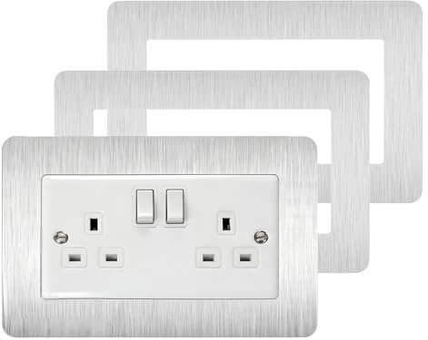 3 Pack Silver Double Switch Surrounds - Self-Adhesive UK Wall Covers | Hide Scuffs And Uneven Edges, Tool-Free Peel-And-Stick Fit, Brushed Finish, 3 Plates For Coordinated Rooms
