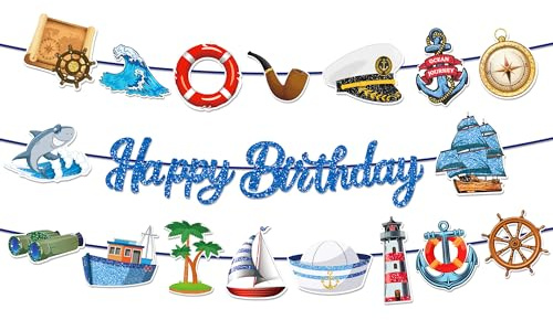 Girlande Maritime Banner Maritime Girlande mit Anker, Segelboot & Steuerrad – Nautische Party Deko für Geburtstagsparty – Blau Weißes Banner im Seefahrer-Look Sommerparty, Gartenparty & Motto-Party