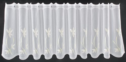 Verdi Scheibengardine Blumenmuster Bestickt 45 cm hoch weiß hellgrün Natur - Wunschbreite frei wählbar durch gekaufte Menge in 15,5 cm Schritten - Meterware
