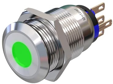 Metzler - Druckschalter 19mm - LED Punktbeleuchtung Grün - IP67 IK10 - Edelstahl - Flach - Lötkontakte