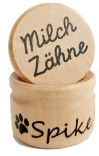 StoffJuLe - Milchzahndose mit Namen personalisiert aus Holz für Hunde, Welpen, Hundezubehör